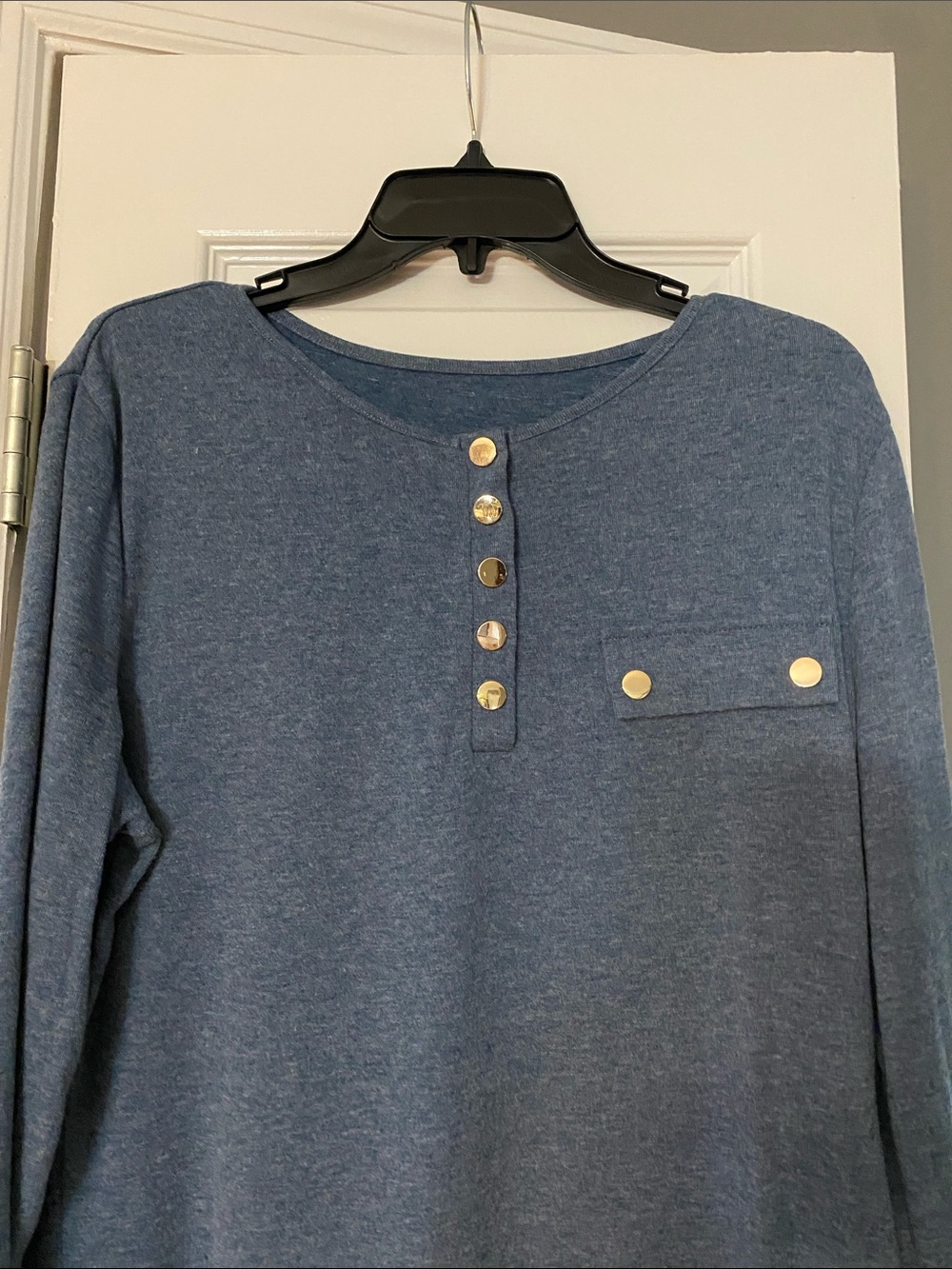 SHEIN Blue Long Sleeve Henley Top with Gold Buttons - Picture 2 of 3